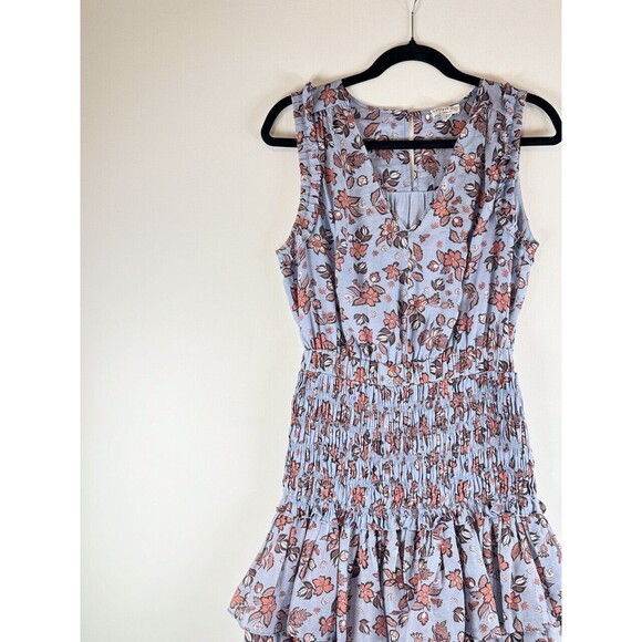 Current Air Dress Blue Smocked Waist Floral Mini V Neck Trumpet Boho Size Small - Picture 6 of 11